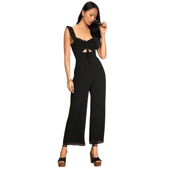Lulu's Pants - Lulu's Black Ruffle Tie-Front Jumpsuit